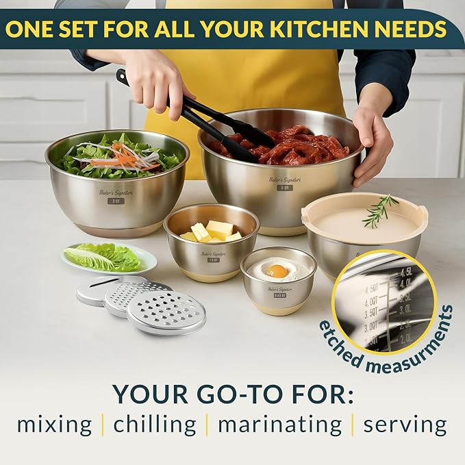Baker's Signature Stainless Steel Mixing Bowls with Lids Set, 5 Sizes | 3 Graters, Non-Slip Base, Airtight Metal for Kitchen, Food Prep, Storage, 0.63QT-5QT, Khaki