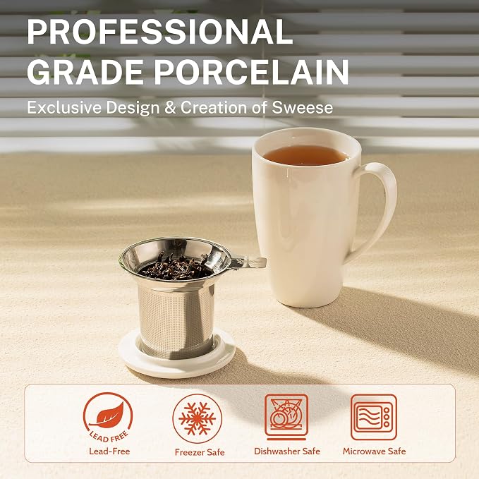 Sweese 15oz Porcelain Tea Mug with Infuser and Lid – Microwave Safe, Ergonomic Handle, Lead-Free Glaze, for Loose Leaf Tea White;