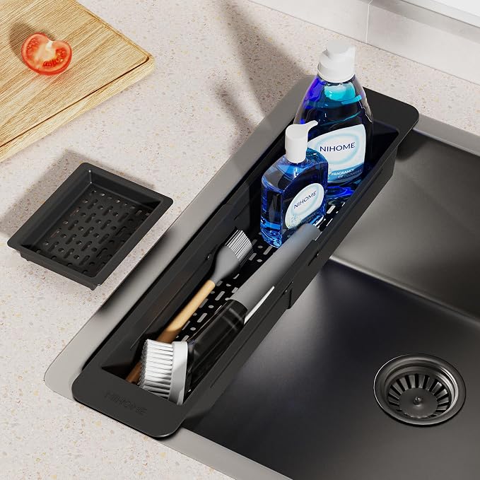 NiHome Extendable Kitchen Sink Caddy, Small Brush Sponge Storage Holder | Expandable Kitchen In Sink Organizer for Brush & Sponge with Drainage, Adjustable Length, Non-Slip Pads, Durable ABS (Black)