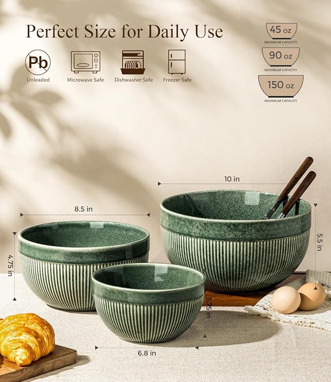 GBhome Ceramic Mixing Bowls Set of 3, Stoneware Nesting Serving Bowls, | 45/90/150 oz For Prep, Baking, Serving, Gift, Microwave and Dishwasher Safe, Ribbed Dishware Collection,Dark Green