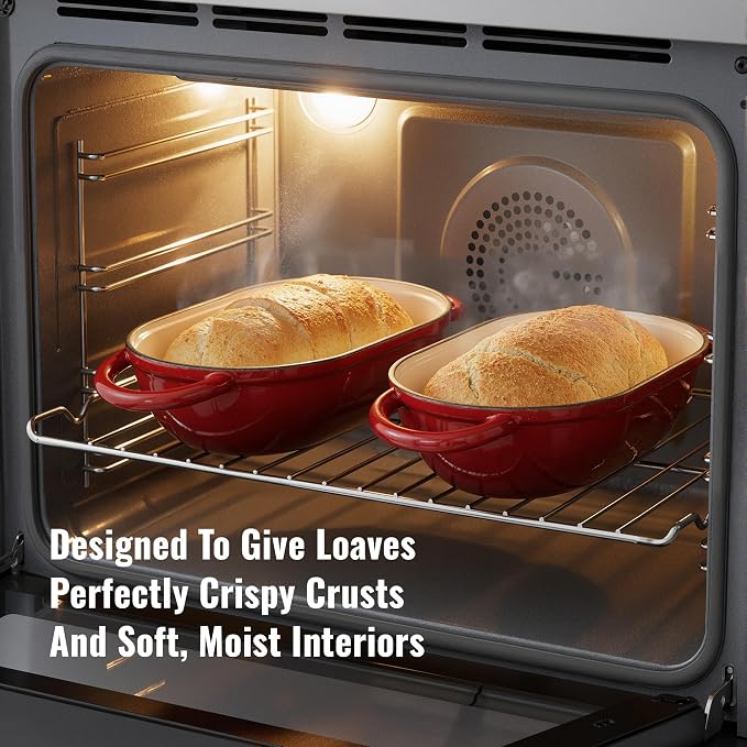 2 QT Oval Dutch Oven for Bread Baking, Enamelled Cast Iron Bread Oven for Sourdough, Sourdough Loaf Pan with Lid, Heavy-Duty Non Stick Bread Pan for Homemade Bread Baking, Red
