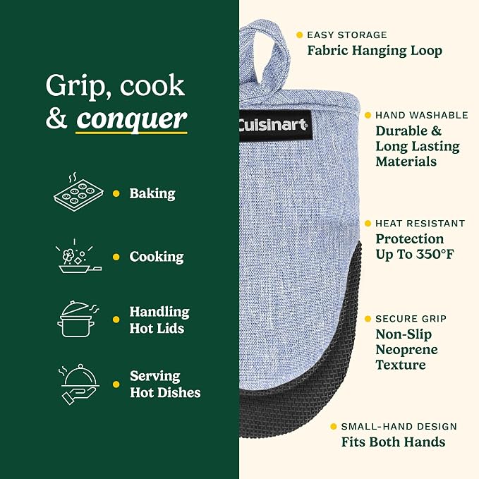 Cuisinart Mini Oven Mitts, 2-Pack, Neoprene Grip, Heat Resistant 350F | Cotton-lined, non-slip neoprene palm, ambidextrous design, ideal for smaller hands and everyday cooking