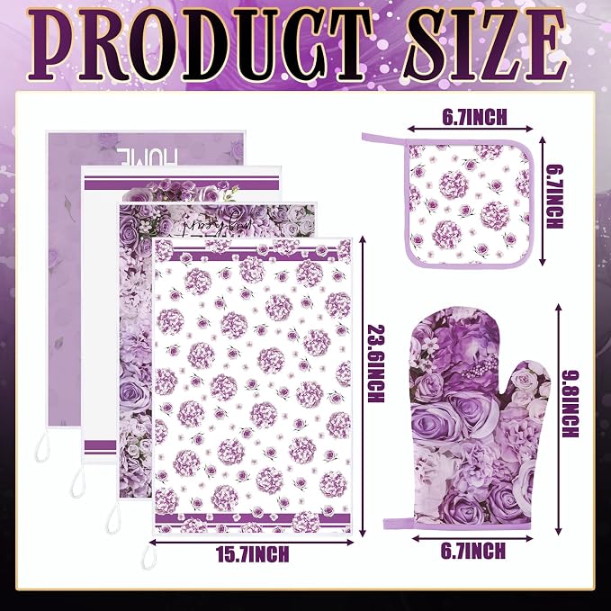 Leinuosen 8 Pcs Purple Rose Kitchen Towels and Dishcloths Sets Pot Holders and Oven Mitts Sets Absorbent Kitchen Gloves Potholders Heat Resistant for Chef Baking Cooking