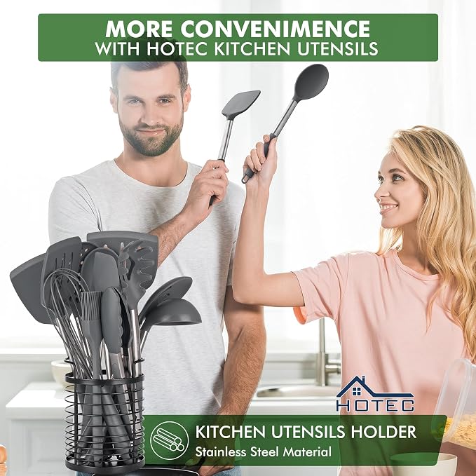HOTEC 446°F Heat Resistant Silicone Kitchen Utensils, Cooking Utensil Set, Spatula Set, BPA Free, Kitchen Gadgets, with Stainless Steel Utensils Holder, Dishwasher Safe, 14pcs Grey