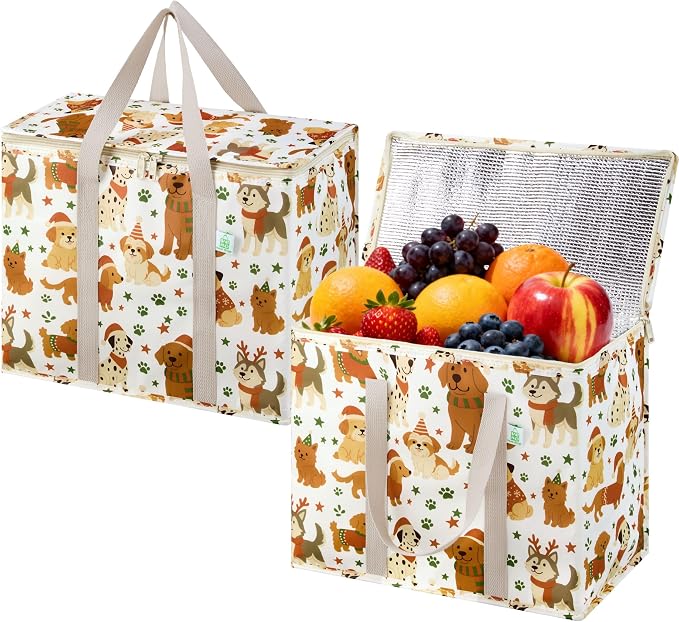 VENO 2 Pack Insulated Cooler Bag for Food Delivery, Reusable Grocery Bag | Heavy Duty Large Collapsible Cooler Shopping Tote w/ Zippers, Foldable, Stands Upright for Camping (Holiday Pups, 2 Pack)