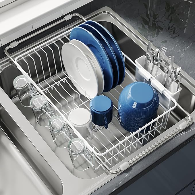 JASIWAY White Dish Drying Rack in Sink, Dish Drainer with Utensil Holder | Over The Sink Expandable Stainless Steel Strainer Dryer Rack for Small Kitchen, Counter Space Saving, Fast Drain, Rustproof