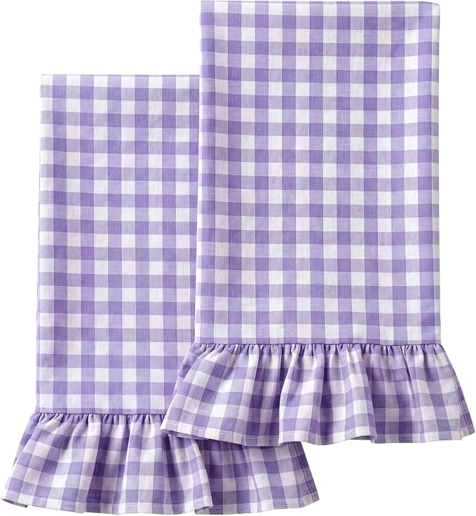 HunnmingRe 2 Pcs Purple Gingham Kitchen Towels Cotton Ruffled | Checked Dish Towels 18"x28" Tea Cloths Plaid Cottage Core Kitchen Decor for Farmhouse Charm Drying Dishes Entertaining Guests
