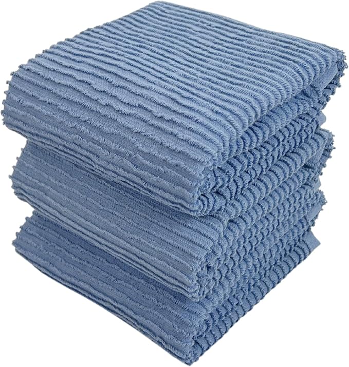 Chambray Denim Blue Kitchen Hand Dish Towels, Set of 3, 100% Cotton, 18" x 28" | Terry Loop Ribbed Textured, Soft & Absorbent Cleaning Cloth, Quick Dry, Multipurpose For Everyday Use