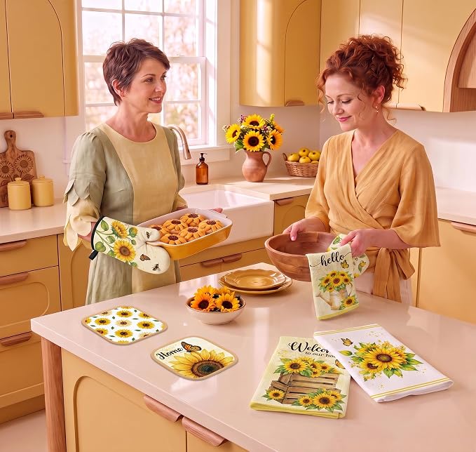 Tieshankao 10Pcs Sunflower Kitchen Decor Accessories Set | Yellow Sunflower Floral Theme, Kitchen Towels, Oven Mitts, Pot Holders, Rugs and Mats, Baking Supplies, Housewarming Gifts