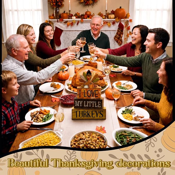 Lineshading 4 Pcs Thanksgiving Block Signs, I Love My Little Turkeys Wood | Farmhouse Tabletop Decor with Turkey Topper, Rustic Tiered Tray Decorations, Stacked Signs for Fall Autumn Mantel Table