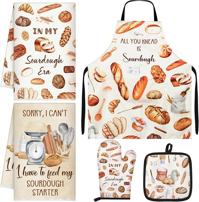 Hahafelt 5 Pcs Sourdough Gifts: Apron Kitchen Towels Oven Mitt Pot Holder | Sourdough Baking Gift Set for Bakers, Bread Lovers, Women