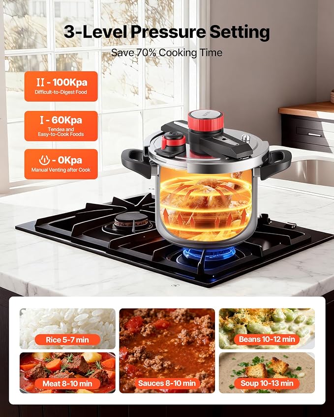 VEVOR Pressure Cooker, 8Qt Pressure Cooker Stainless Steel, Pressures Canner with Steaming Rack, Tempered Glass Lid, Three Pressures Settings for Meat, Beans, Rice, Soup, Sauces, Cook up to 100 kPa