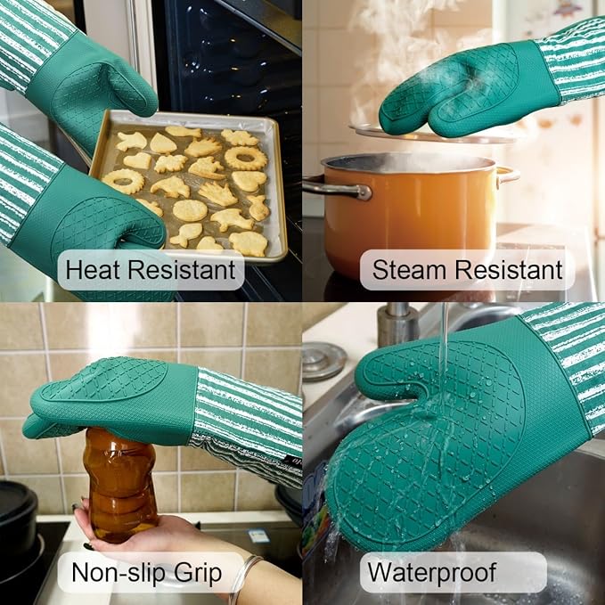 Alselo Silicone Oven Mitts Heat Resistant 932℉ with Waterproof & Non-Slip | Kitchen Mittens Set of 2,Extra Long 7.5"x15" Gloves with Soft Cotton Terry Lining for Baking Cooking BBQ (Emerald Green,2)