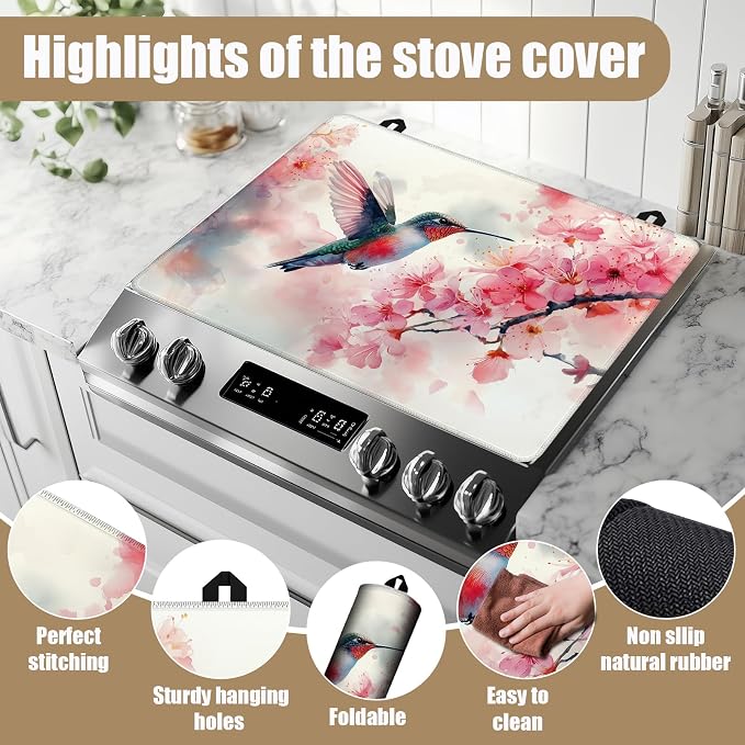 HummingBird Cherry Blossom Stove Top Covers for Electric Stove, Spring Flower Electric Gas Stove Pad Heat Resistant Range Cooktop Protector for Home Decor Kitchen 28"x20"
