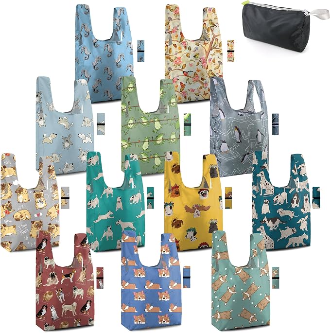 BeeGreen Animal Reusable Grocery Bags Bulk Gifts 12-Pack - Large Tote with Zipper Pouch | Foldable & Washable Polyester Shopping Bags Heavy Duty Animal Lover Gifts Reusable Bag With Handles