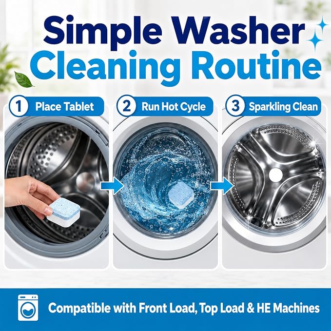 Washing Machine Cleaner Tablets 24 Count, Deep Cleaning Washer Cleaner for Front Load & Top Load Washers, HE Washer Cleaning Tablets, Helps Reduce Odors & Buildup