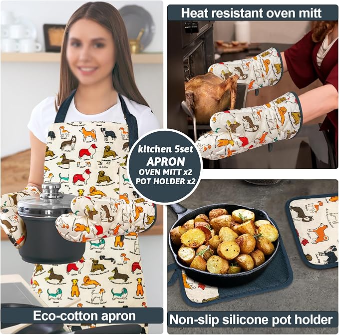 Alselo Oven Mitts and Pot Holders with Chef Apron,Kitchen Set of 5 | Heat Resistant Kitchen Gloves and Silicone Non-Slip Potholders Adjustable Neck Buckle Chef Apron, Cotton Dog Design (Dog)