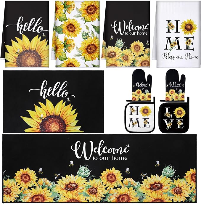 Fourluoo 10 Pcs Sunflower Kitchen Dish Towels Rugs Oven Mitts and Pot Holders Set Farmhouse Kitchen Decor Set for Women Mom Daughter Gift Cooking Baking Grilling (Bright Black Yellow)