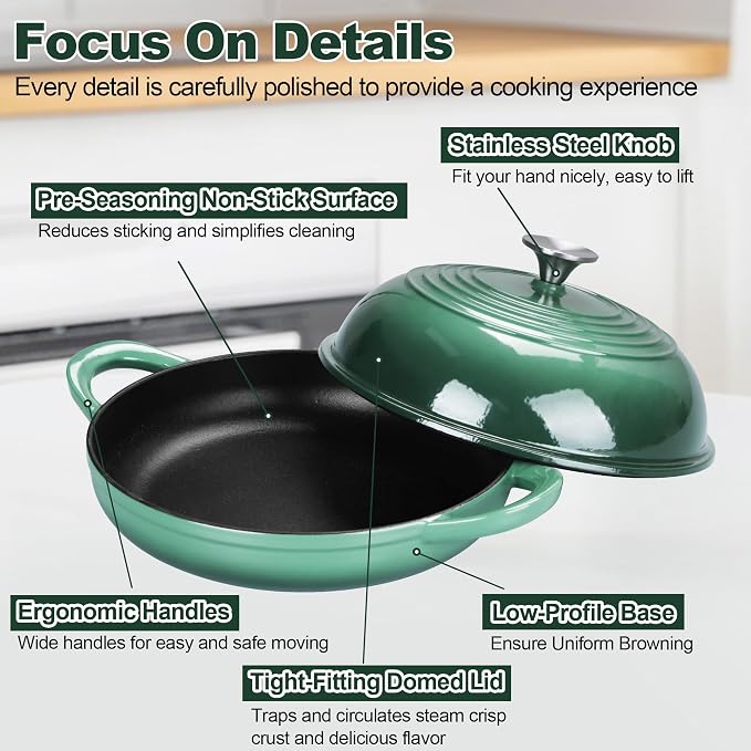 TeamFar Cast Iron Bread Dutch Oven, 6 Qt Enameled Dutch Oven Pot | for Sourdough Bread Baking, Tall Dome Lid & Round Base Pan, Self-Basting & Even-Heating, Heavy-Duty & Non-stick, Dark Green