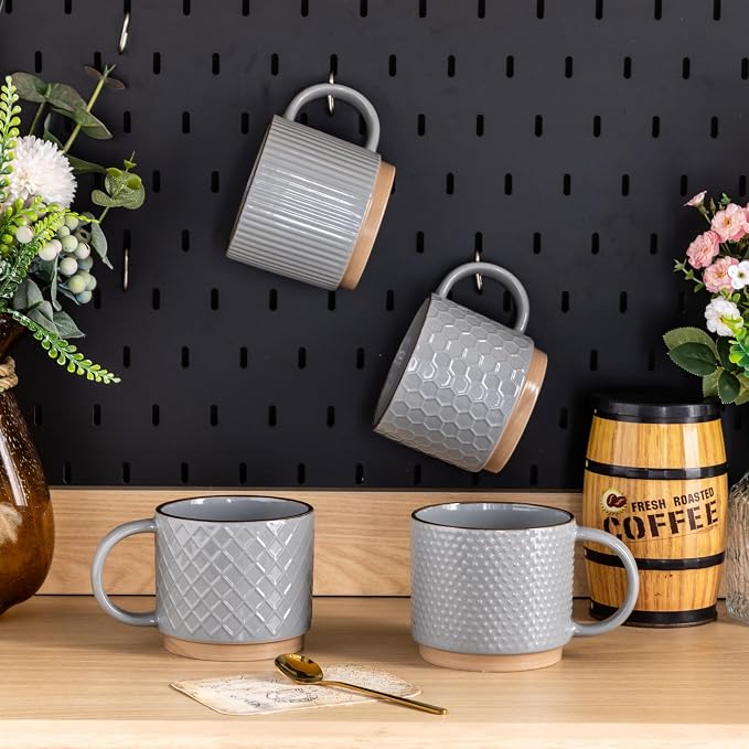 GBhome 15 OZ Stackable Coffee Mugs Set of 4, Ceramic Coffee Cups Set | 4 Assorted Designs, Embossed Mugs with Texture Patterns for Tea/Coffee, Dishwasher&Microwave Safe, Gray
