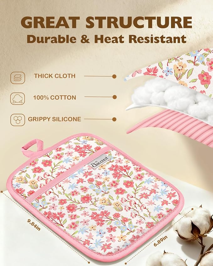 100% Thick Cotton Pot Holders Ribbed Soft Silicone Pink Flower | Stylish Pot Holders with Pockets, Ribbed Soft Silicone, Machine Washable Non-Slip Heat Resistant Hot Pads 2pcs, Kitchen Gift