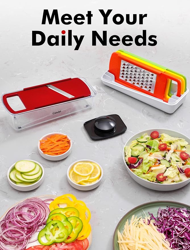 Geedel Professional Mandoline Slicer for Kitchen, Multi Purpose Vegetable Slicer Cutter, Vegetable Cutter Onion Cutter for Veggie Fruit Cheese | Slice, Shred & Julienne, Sharp Stainless Steel Blades, Dishwasher Safe, No BPA, Safety Hand Guard, For Vegg...