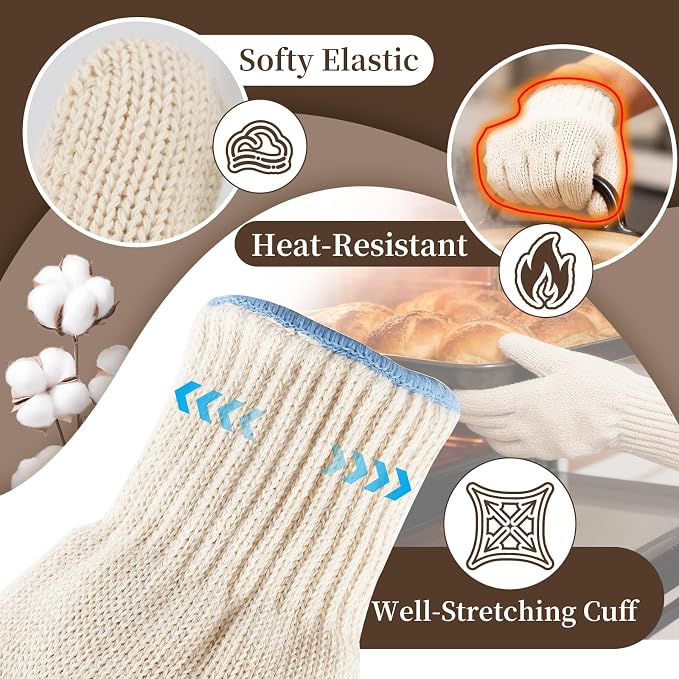 Hovico Heat Resistant Oven Gloves, Ove Glove BBQ Gloves Heat Resistant Cooking Oven Mitts with Fingers Grilling Glove, Full Hand Protection, Grill Gloves for Outdoor Hot Food Handling (Set of 2)