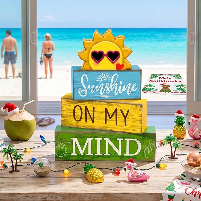 Lineshading 4 Pcs Summer Wooden Block Signs Table Decor Sunshine | Rustic Farmhouse Decorations for Tiered Tray, Shelf Displays, Seasonal Home Accents with Sun Topper, Stackable Design