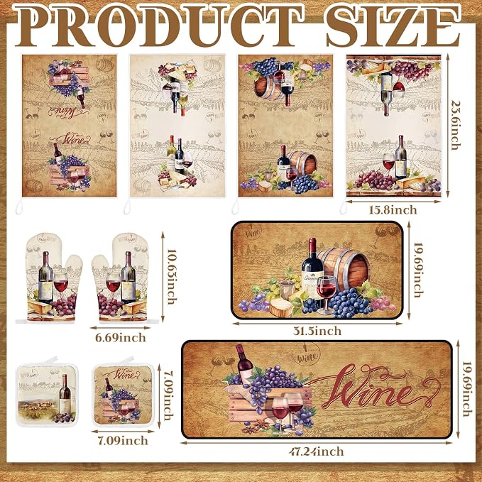 Fourluoo 10 Pcs Wine Kitchen Dish Towels Rugs Oven Mitts and Pot Holders Set Farmhouse Kitchen Decor Set for Women Mom Daughter Gift Cooking Baking Grilling (Rustic Color)