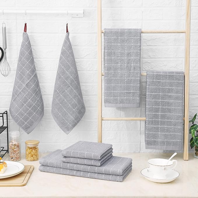 Homaxy Kitchen Towels and Dishcloths Set, Set of 16, Light Grey | Bulk Cotton Terry Kitchen Towels, Checkered Designed, Soft and Super Absorbent Dish Towels, 12 x 12 and 13 x 28 Inches