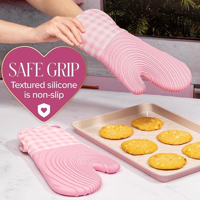 Paris Hilton Oven Mitt Set with Limited Edition Pink Gingham Design, Heat Resistant Pot Holders Featuring Non-Slip Textured Silicone Grips, 2-Piece Set, Pink
