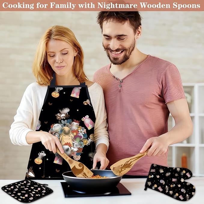 Night Christmas Gifts,Magic Pattern Wooden Cooking Spoons with Apron Oven Mitt Potholder-Halloween Kitchen Decor Cooking Utensils 9pcs,Night Gift for Fans,Women,Mother's Day,Housewarming