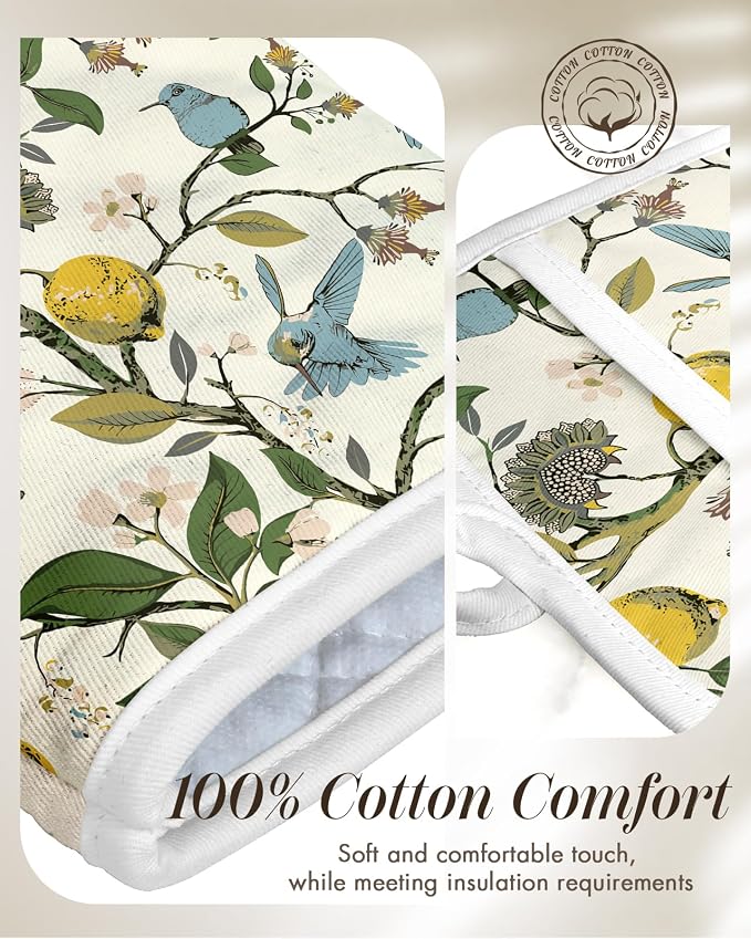 Miss Adola Cotton Oven Mitts and Pot Holders Sets, Lemon Songbird | Heat-resistant up to 350°F, Pure Cotton, Quilted Contact Surface, Stylish Design, with Hanging Loop, Ready to Gift Package