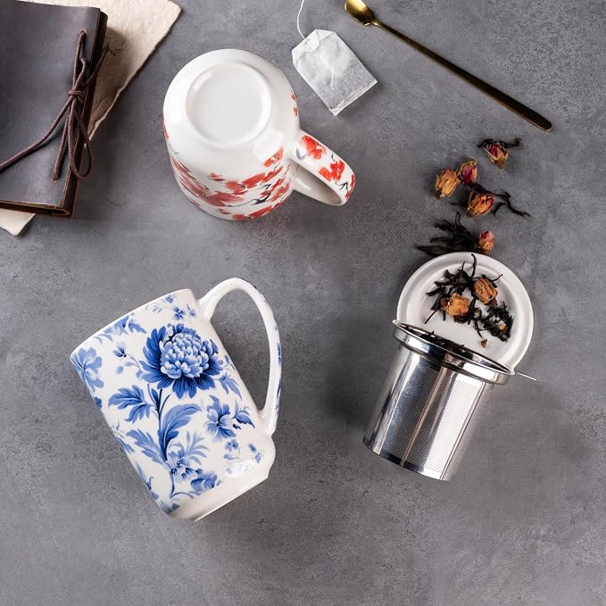 AmorArc Tea Cup With Infuser and Lid, 18oz Loose Leaf Tea Mug With Steeper | Porcelain Tea Mug With Infuser and Lid, Large Strainer Tea Cup with Lid for Tea, Coffee Mug for House-warming Birthday Gift