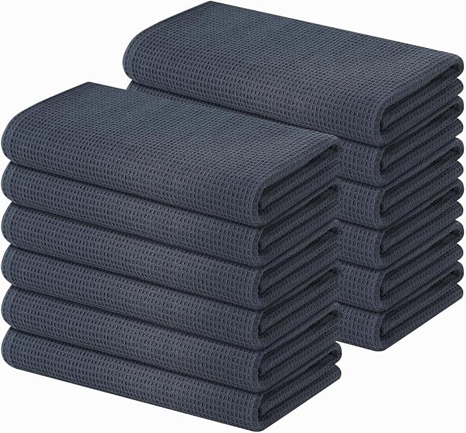 Homaxy 100% Cotton Waffle Weave Kitchen Towels, 12 Pack, Dark Grey | Soft and Absorbent Dish Towels, 16 x 26 Inches Quick Dry Hand Towels