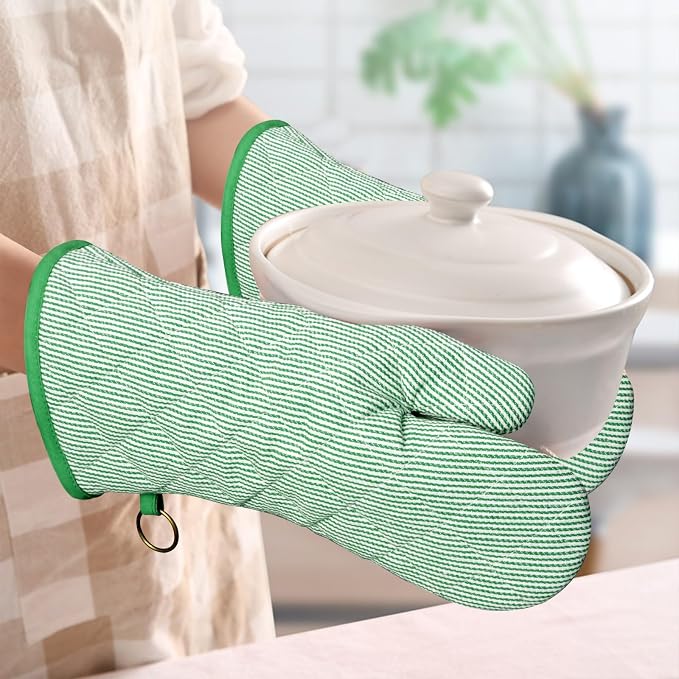 Yarn Dyed Oven Mitts 1 Pair, 100% Cotton Heat Resistant 470 Degree | Oven Gloves for Men Women Cooking Baking Barbecue BBQ Microwave Crafting Machine Washable Pot Holders Mittens (Green 2)