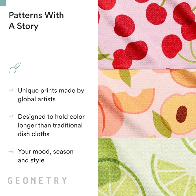 GEOMETRY Dishcloth – Spring & Summer Collection – Quick-Dry, Ultra-Absorbent, Reusable Microfiber Kitchen Towels for Drying & Cleaning - Fruit Fun - 3-Pieces