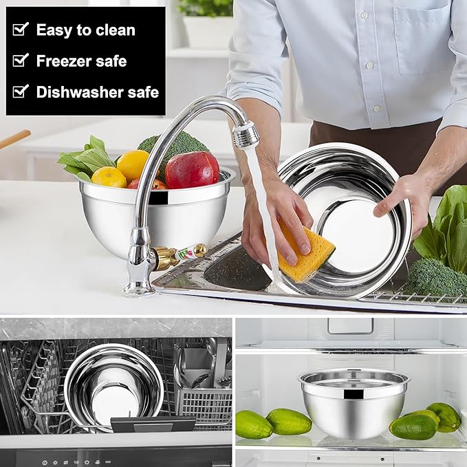 E-far Mixing Bowls with Lids Set, 6-Piece Stainless Steel Salad Bowls | Metal Nesting Cooking Bowls with Airtight Lid for Kitchen Storage, Baking & Prepping, Dishwasher Safe, 1.5/3/4.5 QT