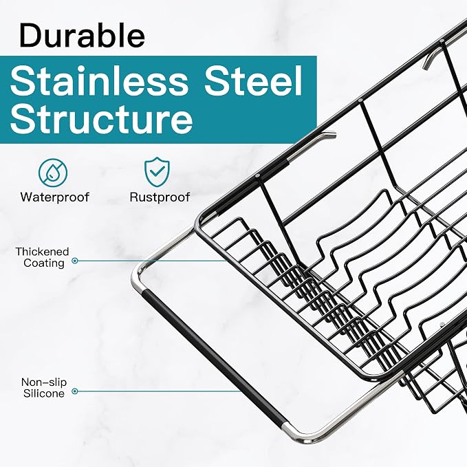 JASIWAY Black Dish Drying Rack in Sink with Mat, Cups and Utensil Holder | Use Over the Sink or Counter, Stainless Steel Expandable Dish Drainer for Small Kitchen, Space Saving, Fast Drain, Rustproof