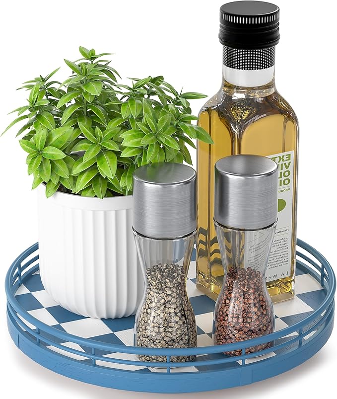 Blue and White Checkerboard Lazy Susan with Rubberwood Base and Metal Rail | Smooth rotating oak tray with walnut finish for dining tables, kitchen counters, pantries and cabinet storage.