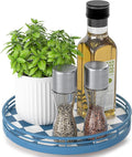 Blue and White Checkerboard Lazy Susan with Rubberwood Base and Metal Rail | Smooth rotating oak tray with walnut finish for dining tables, kitchen counters, pantries and cabinet storage.