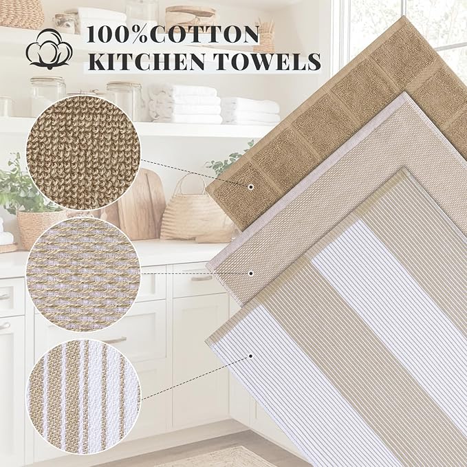 Homaxy 6 Pack Cotton Terry Premium Kitchen Towels, 18 x 28 in, Khaki | Large 380 GSM Dish Towels, Highly Absorben Flat & Terry Kitchen Hand Towels, Soft Utility Tea Towel Set with Hanging Loop