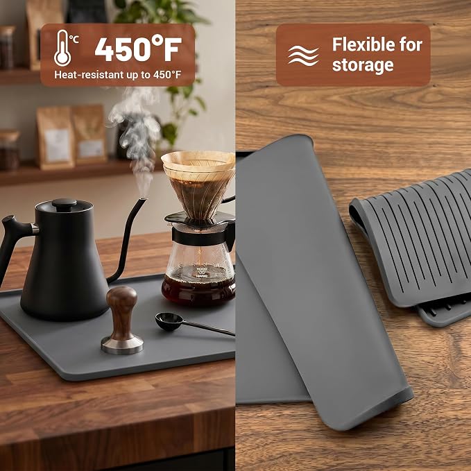 16×16-inch Barista-Grade Coffee Station Mat: Catch Spills, Protect Countertops! Silicone, Water Resistant & Heat Resistant. Perfect Under, as Dish Dryer or Pet Mat. (Grey)