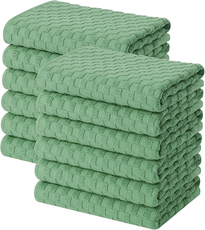 Homaxy 100% Cotton Terry Kitchen Towels(15" x 25", 12 Pack), Grass Green | Soft and Super Absorbent Dish Towels, 380 GSM Reusable Tea Towel with Hanging Loop, Pineapple Grid Designed