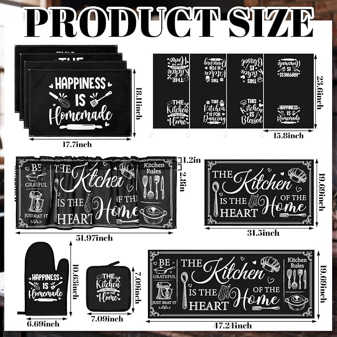 Fourluoo 16 Pcs Kitchen Decor Set, Farmhouse Kitchen Towels and Dishcloths Black White Quote Non Slip Rugs Mats for Floor Oven Mitts and Pot Holders Placemats Curtains Set for Home Decor Gift