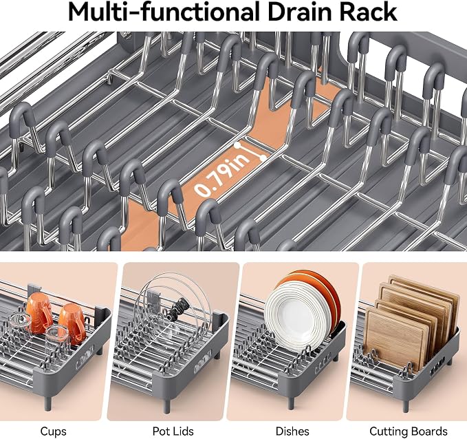 Urackify Extendable Stainless Dish Drying Rack for Kitchen Counter, Gray | 13.78"W x 18.7"L, Foldable Drainboard for Space Saving, Knife and Utensil Holder, Fast-draining Spout