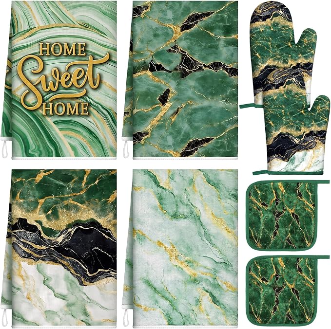 Leinuosen 8 Pcs Green and Gold Marble Kitchen Towels and Dishcloths Sets Oven Mitts and Pot Holders Absorbent Kitchen Gloves Potholders Heat Resistant for Chef Baking Cooking