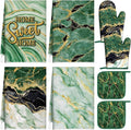 Leinuosen 8 Pcs Green and Gold Marble Kitchen Towels and Dishcloths Sets Oven Mitts and Pot Holders Absorbent Kitchen Gloves Potholders Heat Resistant for Chef Baking Cooking