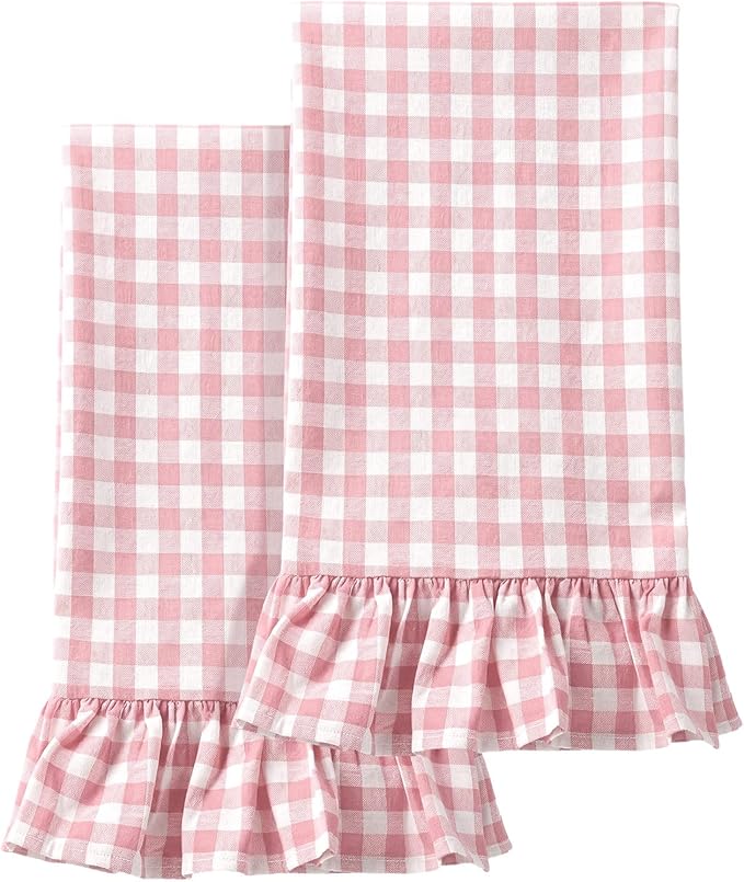 HunnmingRe 2 Pcs Light Pink Gingham Kitchen Towels Cotton Ruffled | Checked Dish Towels 18"x28" Tea Cloths Plaid Cottage Core Kitchen Decor for Farmhouse Charm Drying Dishes Entertaining Guests