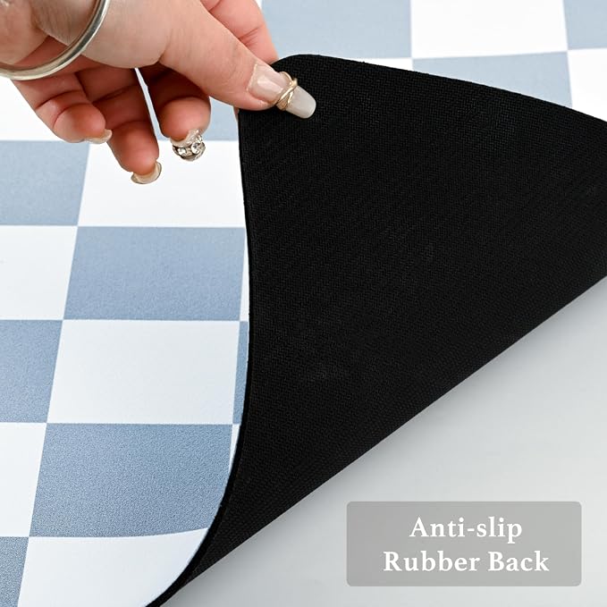 Checkered Dish Drying Mat for Kitchen Counter, Coffee Bar Station Accessories, Retro Cute Aesthetic Absorbent Coffee Mat Kitchen Drying Mat Easy Clean, Blue 12" x 19"
